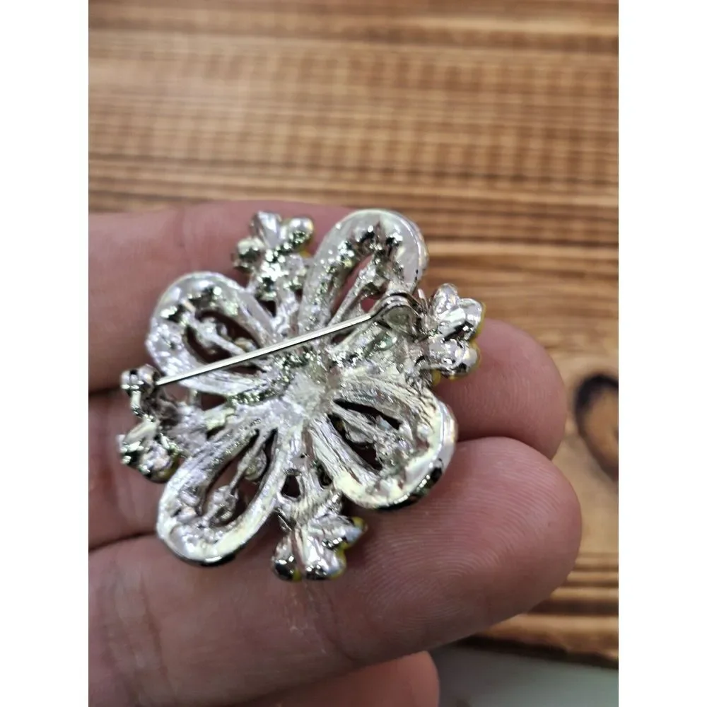 Vintage Rhinestone Brooch With Enamel Flowers Silver Tone 1.5